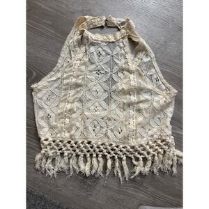 Clover Scout Cream Crochet Lace Fringe Halter Crop Top Boho Festival Cottage Med